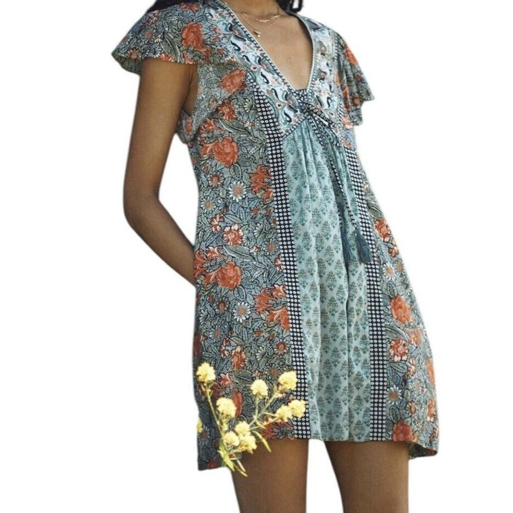 ANTHROPOLOGIE Dress Women Small Mini Tunic BOTANICAL Floral Bohemian Boho